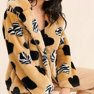 Anthropologie Tan Teddy Jacket with Black and White Patterns
